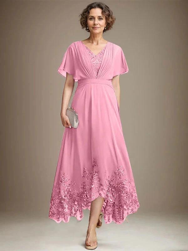 A-line V-Neck Asymmetrical Lace Chiffon Mother of the Bride Dress With Pleated