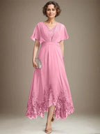 A-line V-Neck Asymmetrical Lace Chiffon Mother of the Bride Dress With Pleated