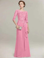 A-line Scoop Illusion Floor-Length Lace Chiffon Mother of the Bride Dress With Cascading Ruffles