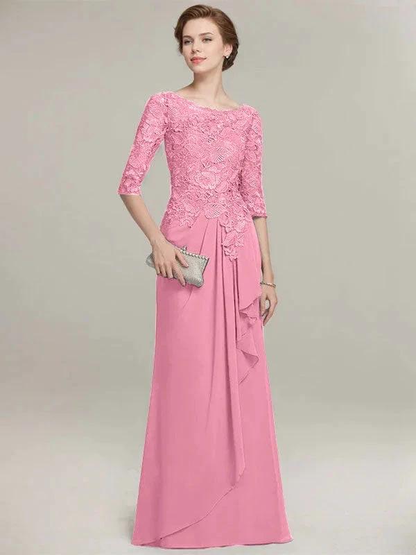 A-line Scoop Illusion Floor-Length Lace Chiffon Mother of the Bride Dress With Cascading Ruffles