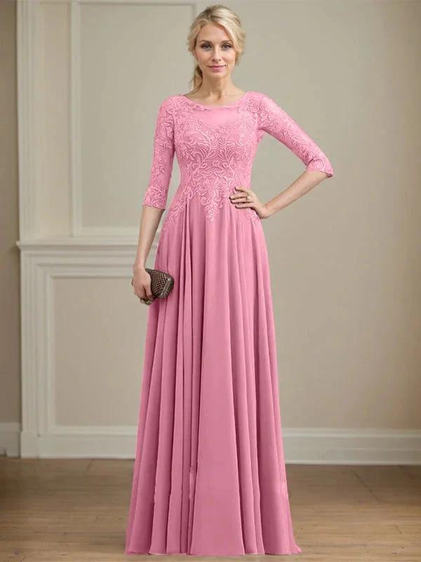 A-line Scoop Illusion Floor-Length Lace Chiffon Mother of the Bride Dress With Sequins