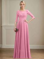 A-line Scoop Illusion Floor-Length Lace Chiffon Mother of the Bride Dress With Sequins