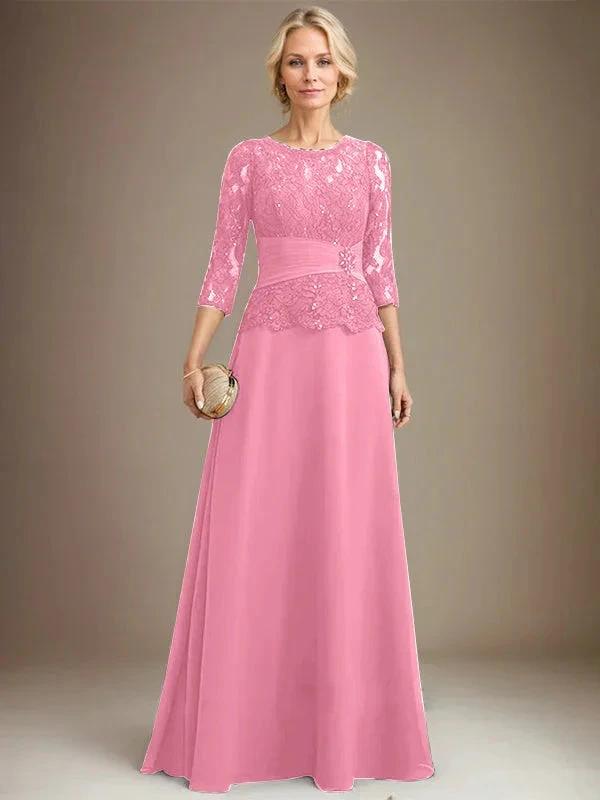 A-line Scoop Illusion Floor-Length Chiffon Lace Mother of the Bride Dress With Pleated Sequins Beading