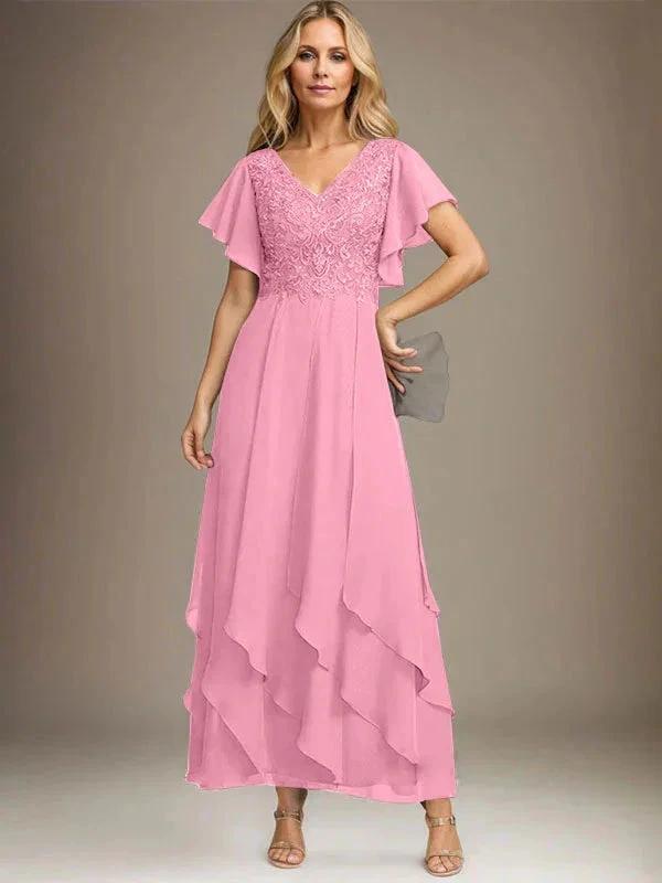 A-line V-Neck Ankle-Length Lace Chiffon Mother of the Bride Dress With Cascading Ruffles