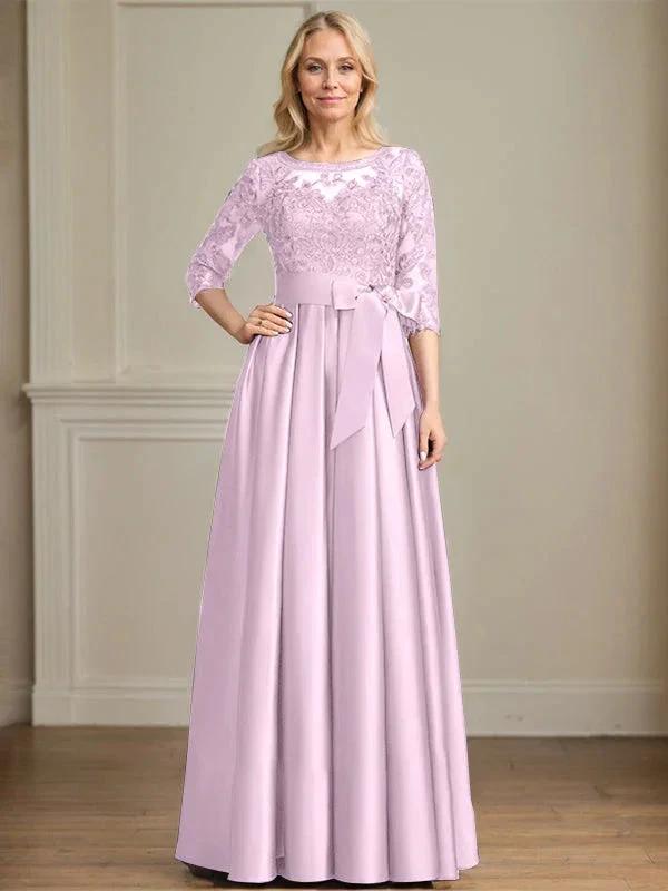 A-line Scoop Illusion Floor-Length Satin Lace Mother of the Bride Dress With Sequins Bow