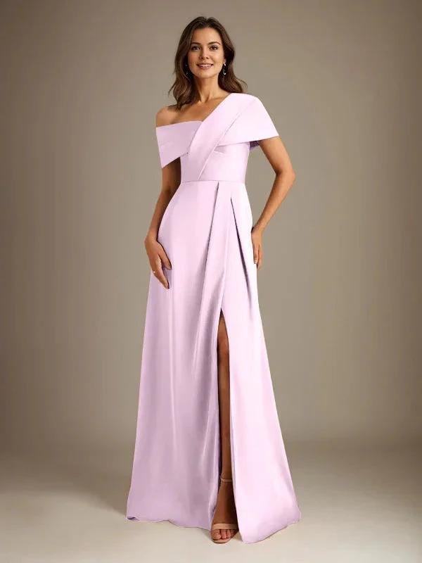 A-Line Asymmetrical Neckline Floor-Length Satin Mother of the Bride Dress With Pleated