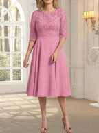 A-line Scoop Knee-Length Lace Chiffon Mother of the Bride Dress