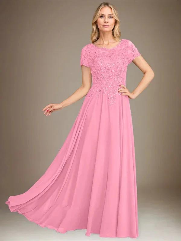 A-Line Scoop Floor-Length Chiffon Mother of the Bride Dress With Applique & Sequins