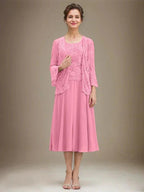 A-line Scoop Tea-Length Lace Chiffon Mother of the Bride Dress With Sequins