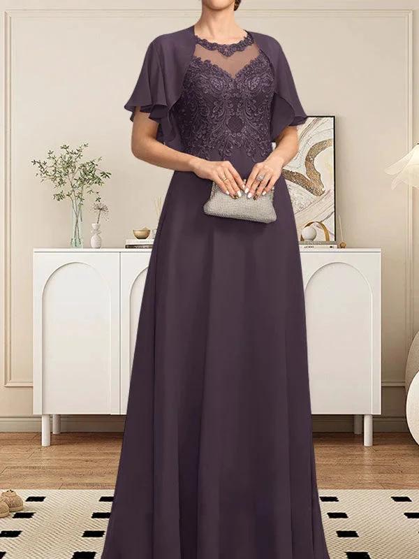 A-line Scoop Illusion Floor-Length Lace Chiffon Mother of the Bride Dress With Sequins