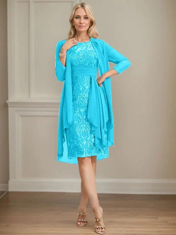 Sheath/Column Scoop Illusion Knee-Length Lace Chiffon Mother of the Bride Dress With Cascading Ruffles Sequins