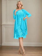 Sheath/Column Scoop Illusion Knee-Length Lace Chiffon Mother of the Bride Dress With Cascading Ruffles Sequins