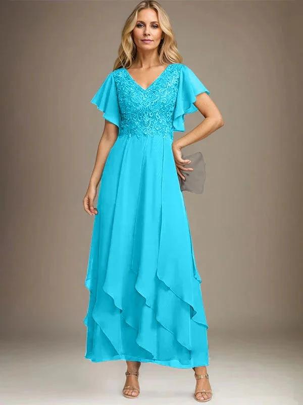 A-line V-Neck Ankle-Length Lace Chiffon Mother of the Bride Dress With Cascading Ruffles