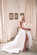 Popular Pleat Sweetheart A Line Wedding Dresses Side Slit  Vestido De Noiva Satin Appliqued Women Bridal Dresses Factory Custom