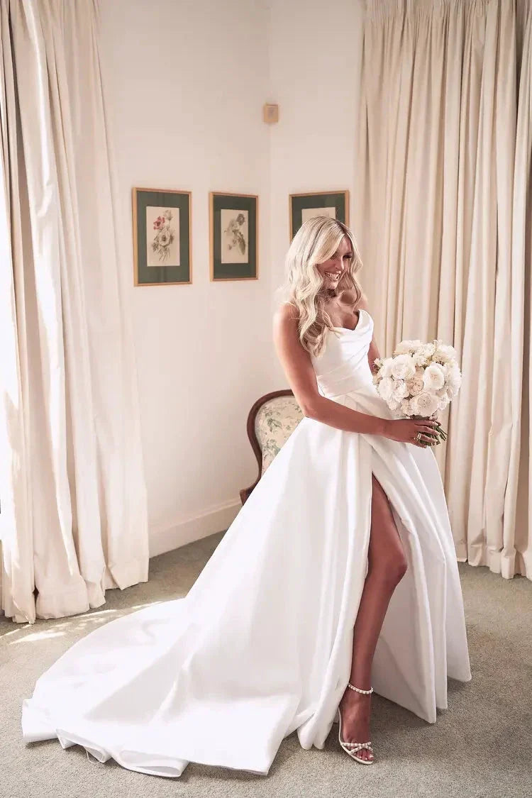 Popular Pleat Sweetheart A Line Wedding Dresses Side Slit  Vestido De Noiva Satin Appliqued Women Bridal Dresses Factory Custom