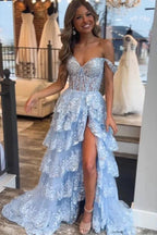 Princess Lace Tiered Stunning Purple Prom Dress With Lace Ruffles PSK517