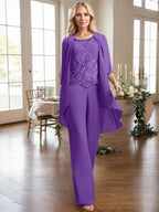 Separates Jumpsuit/Pantsuit Scoop Floor-Length Chiffon Lace Mother of the Bride Dress With Beading Sequins