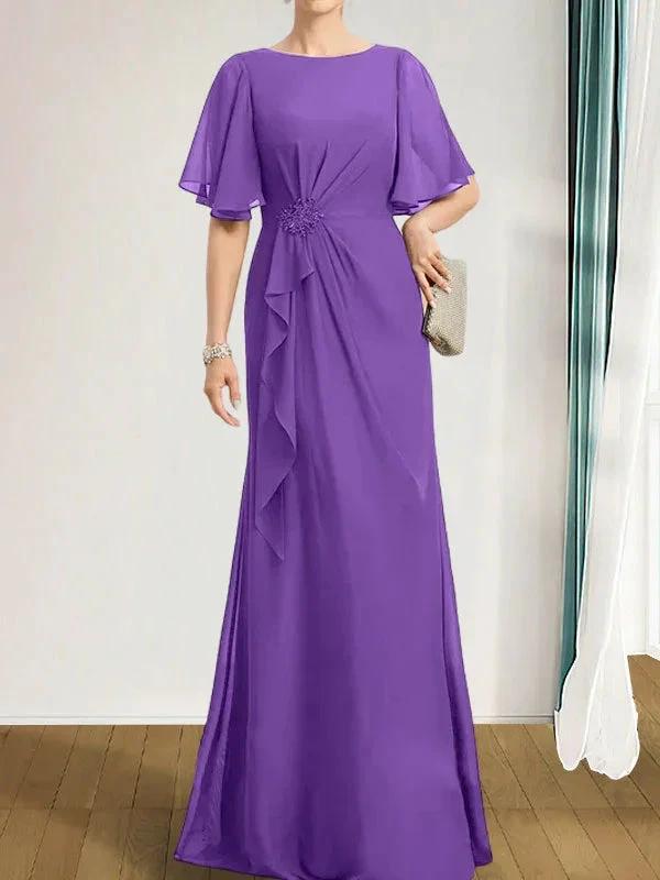 A-line Scoop Floor-Length Chiffon Mother of the Bride Dress With Cascading Ruffles Beading Sequins