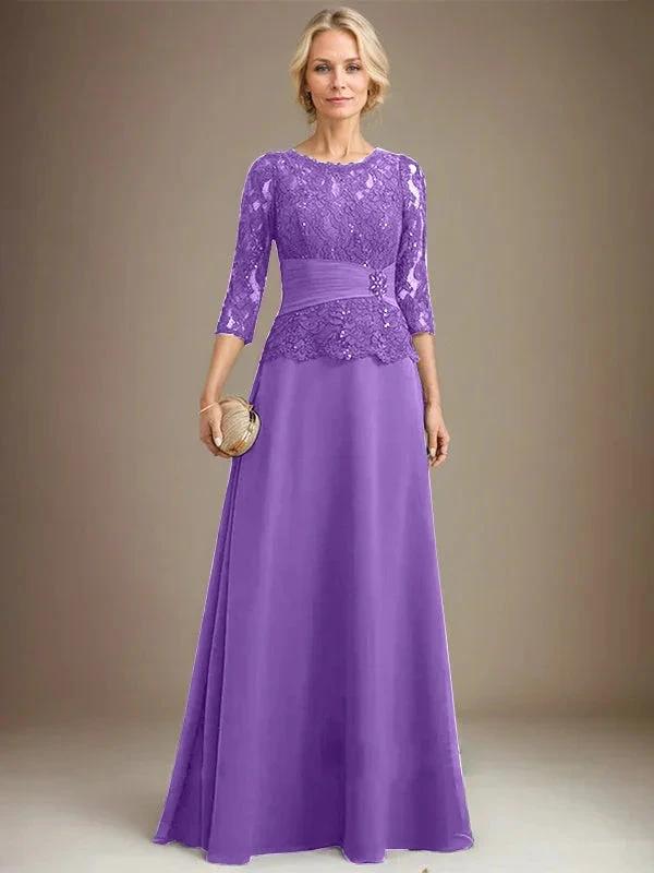 A-line Scoop Illusion Floor-Length Chiffon Lace Mother of the Bride Dress With Pleated Sequins Beading