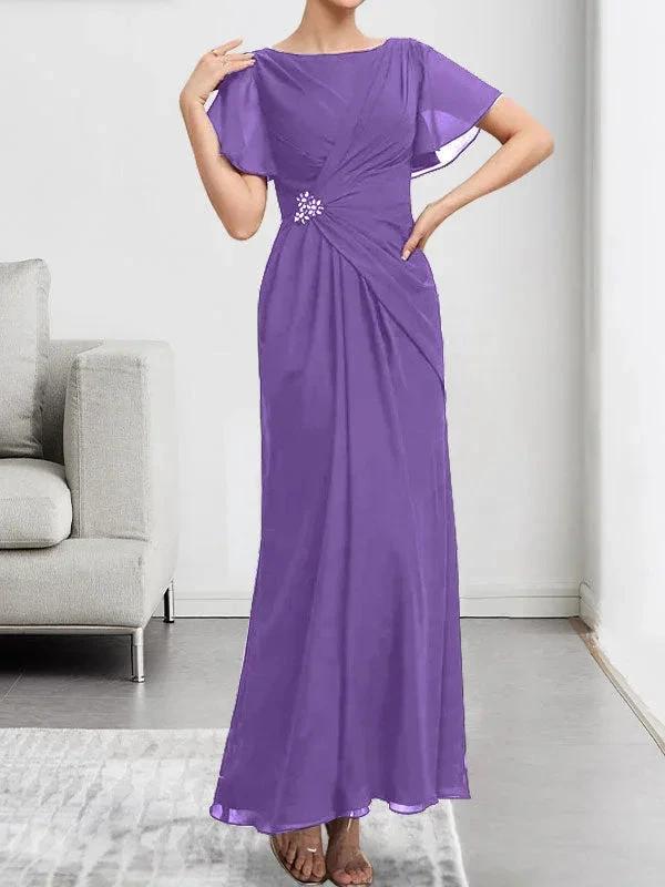 A-line Scoop Ankle-Length Chiffon Mother of the Bride Dress With Beading Pleated