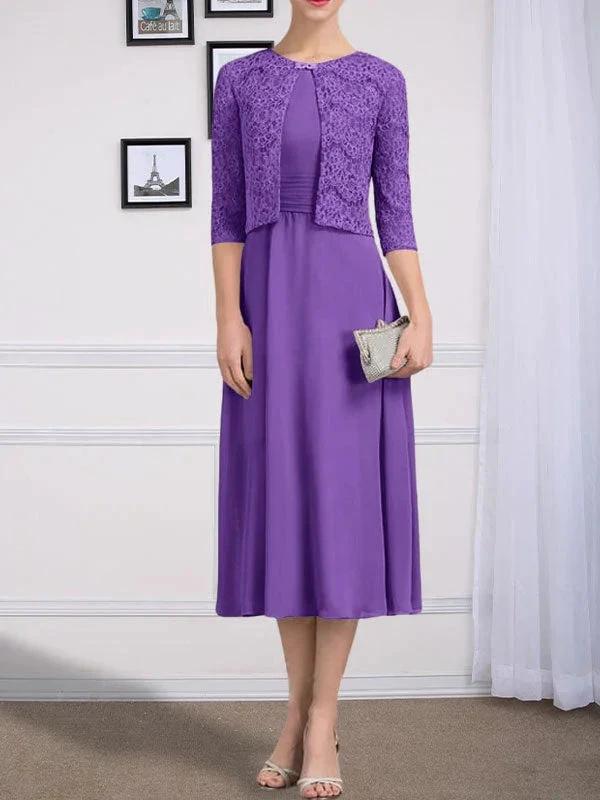 A-line Scoop Tea-Length Chiffon Mother of the Bride Dress With Pleated