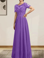 A-line Scoop Illusion Floor-Length Chiffon Lace Mother of the Bride Dress With Sequins Beading
