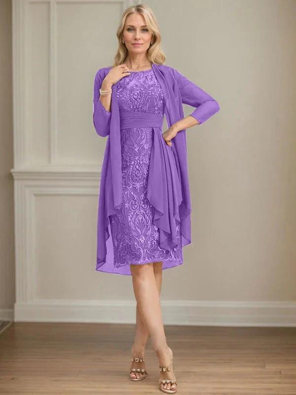 Sheath/Column Scoop Illusion Knee-Length Lace Chiffon Mother of the Bride Dress With Cascading Ruffles Sequins