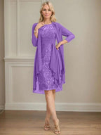 Sheath/Column Scoop Illusion Knee-Length Lace Chiffon Mother of the Bride Dress With Cascading Ruffles Sequins