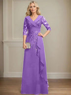 A-line Collared V-Neck Floor-Length Lace Chiffon Mother of the Bride Dress With Sequins Cascading Ruffles