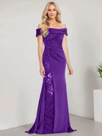 A-Line Off the Shoulder Floor-Length Mother of the Bride Dress Applique Beadings Mermaid Dress With  High Split