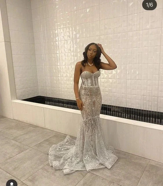 Luxurious Silver Mermaid Evening Dress Silver Prom Dress Y6649