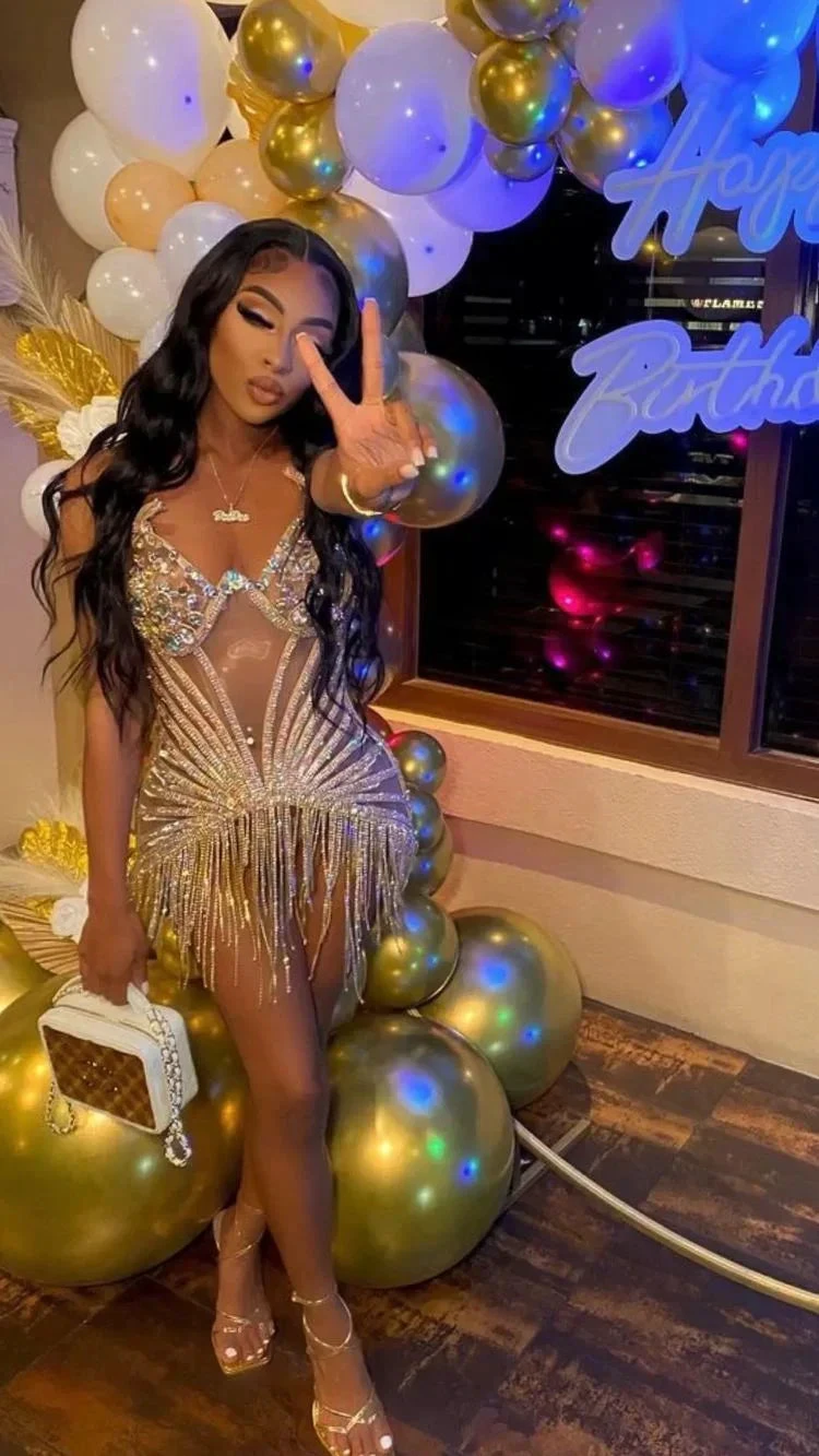 Sparkly 22th Birthday Party Dress Sexy Homecoming Dress with Tassel Y2329