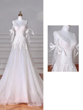 Fairy White V Neck Tulle Lace Appliques Mermaid Evening Dress,Long Wedding Dress Y8636