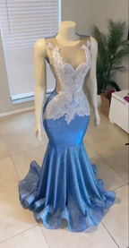 Beautiful Blue Mermaid Sleeveless Evening Dress Y4217