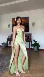 Simple Green Spaghetti Straps High Slit A Line Evening Dress Backless Prom Dress Y8433