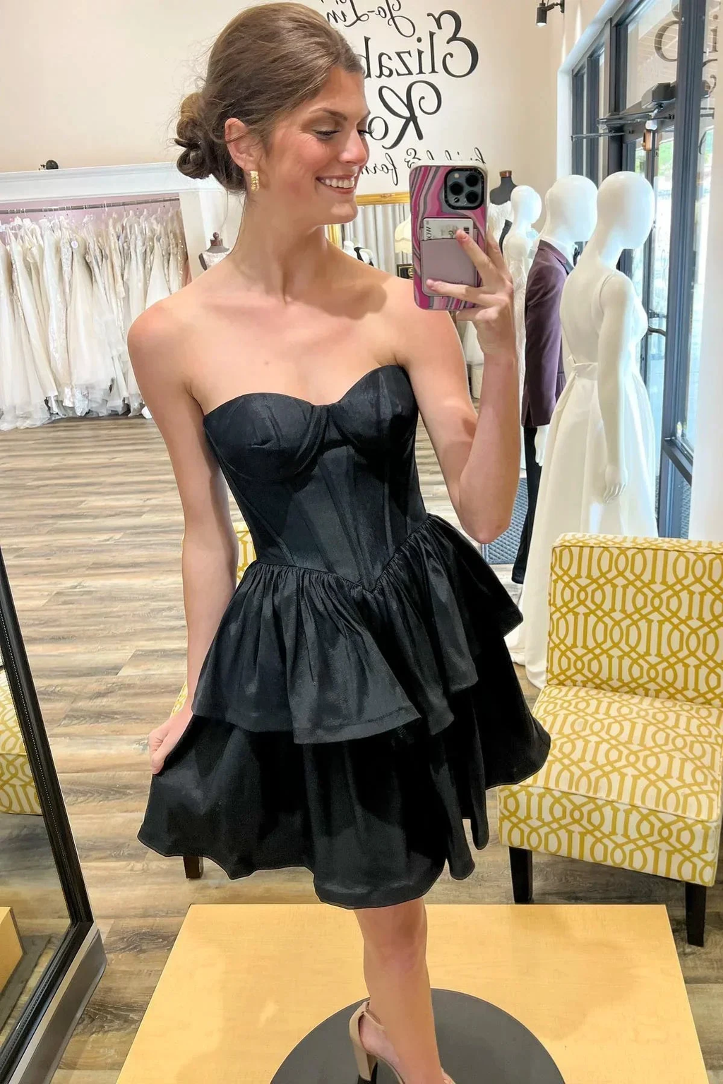 Black Strapless Satin Multi-Layers Homecoming Dress Y2070