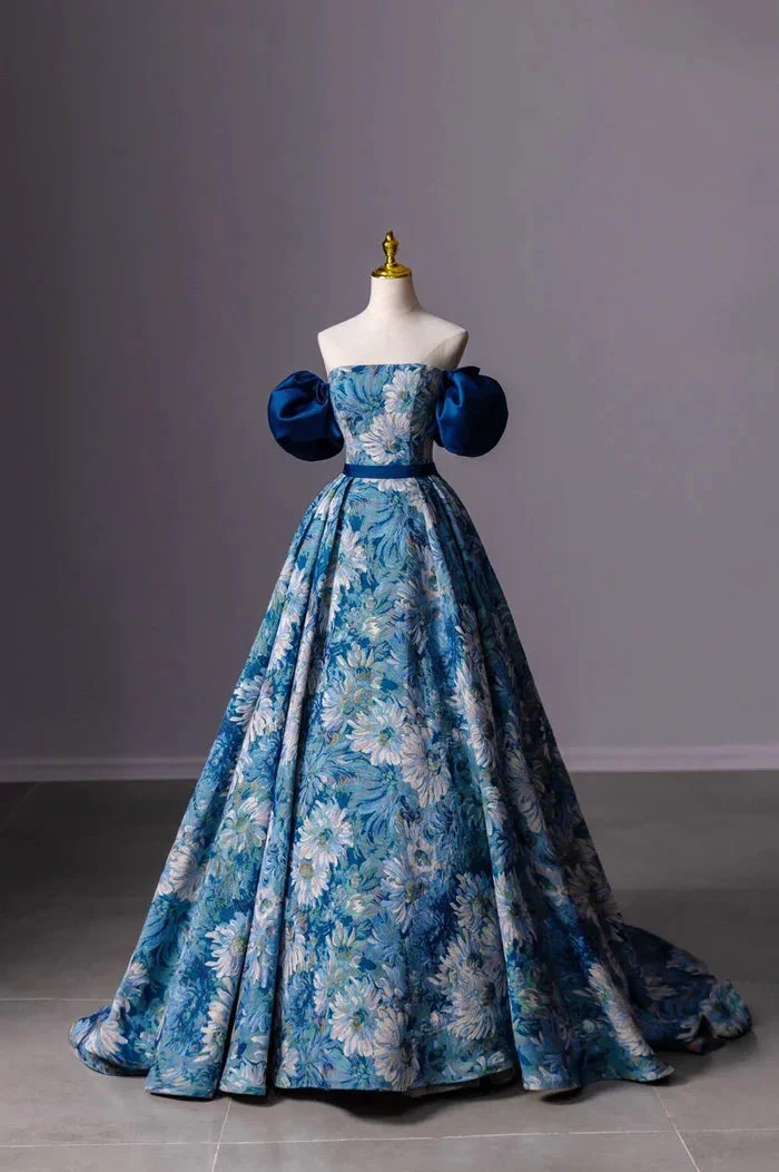 Blue Printed Long A-Line Prom Dress Blue Off the Shoulder Formal Evening Dress Y4605