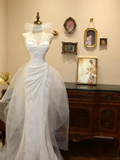 Elegant White Strapless Tulle Satin Mermaid Prom Evening Dress,Formal Wedding Dress Y8602