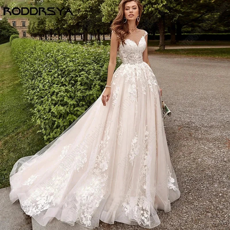Beach Cap Sleeves Wedding Dresses Illusion Lace Buttons Back Bridal Gown Women Appliques Tulle vestidos de novia playa