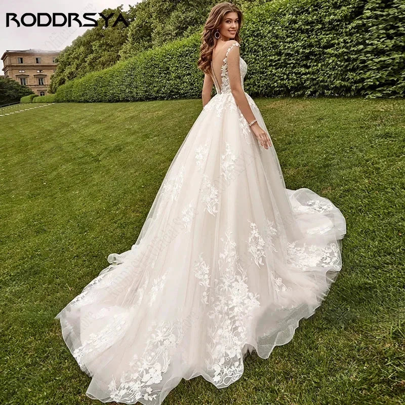 Beach Cap Sleeves Wedding Dresses Illusion Lace Buttons Back Bridal Gown Women Appliques Tulle vestidos de novia playa