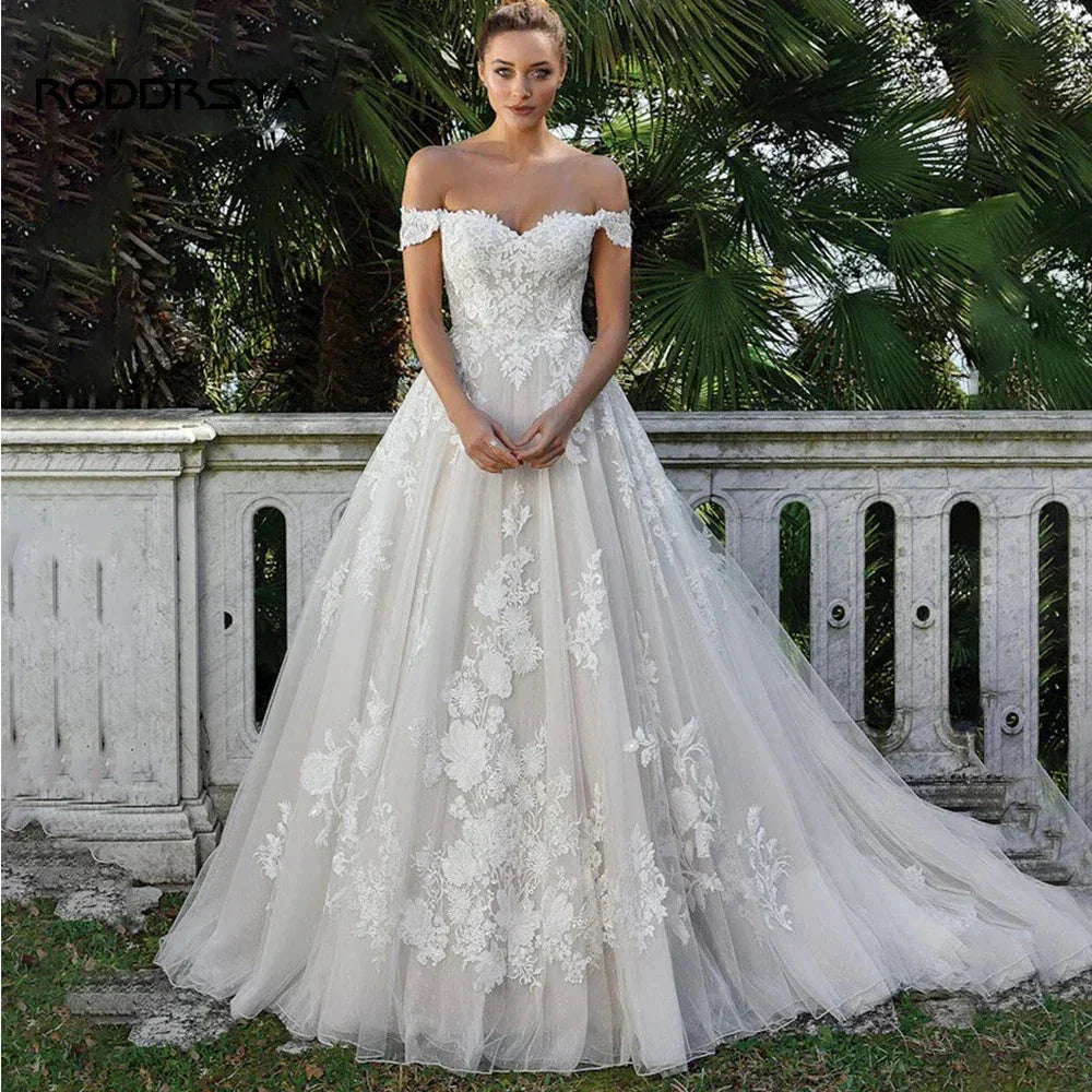 RODDRSYA Elegant A-line Lace Wedding Dresses For Women Appliques Off-Shoulder Bridal Gown Backless Sweep Train Vestidos De Noiva