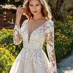 Princess Light Champagne Wedding Dresses Long Sleeves Backless A-Line Bride Gowns Applique Tulle vestidos de novia