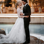 Sexy Backless Wedding Dresses New 2023 Long Sleeves Bride Gowns V-Neck A-Line Lace Applique Tulle vestidos de novia