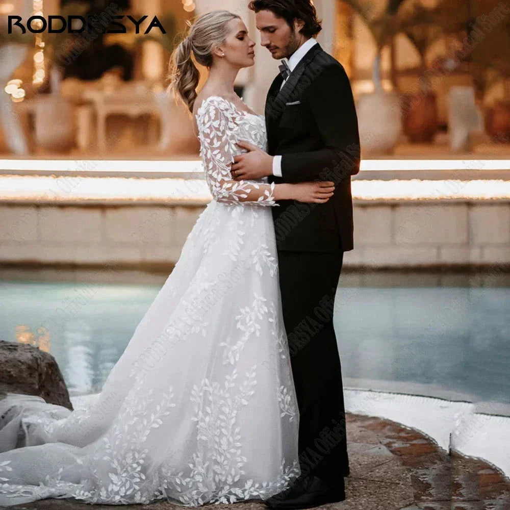 Sexy Backless Wedding Dresses New 2023 Long Sleeves Bride Gowns V-Neck A-Line Lace Applique Tulle vestidos de novia