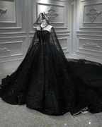 Sequin Shiny Strapless Black Ball Gown Princess Prom Dresses Y56