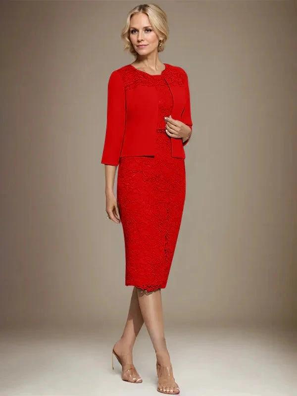 Sheath/Column Scoop Knee-Length Chiffon Lace Mother of the Bride Dress With Beading