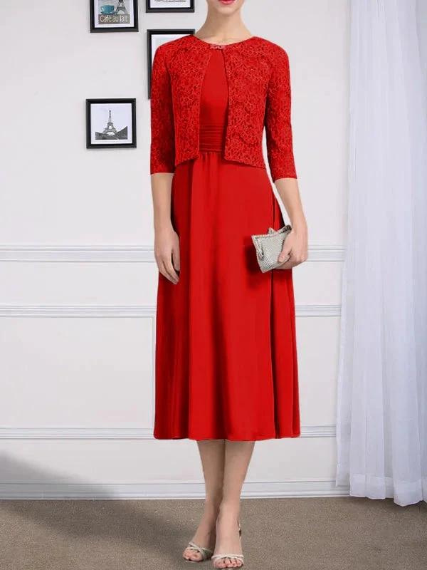 A-line Scoop Tea-Length Chiffon Mother of the Bride Dress With Pleated