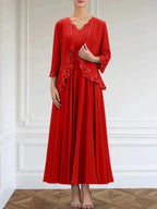 A-line V-Neck Ankle-Length Chiffon Mother of the Bride Dress With Sequins Appliques Lace Beading
