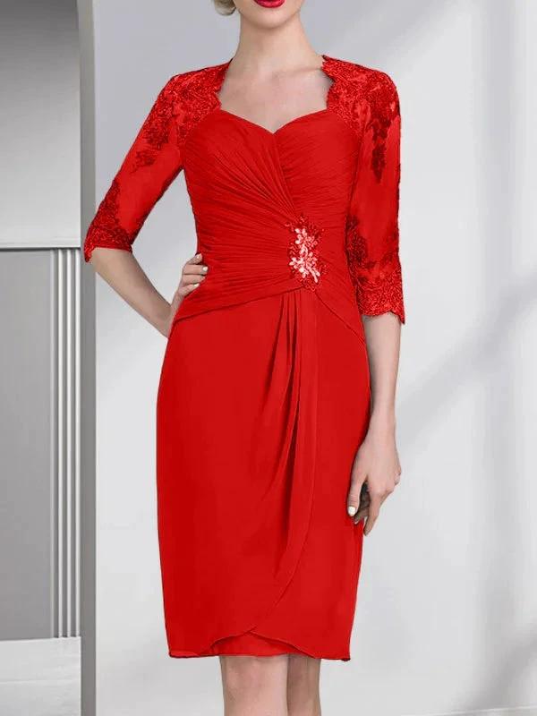 Sheath/Column Sweetheart Knee-Length Chiffon Mother of the Bride Dress With Beading Appliques Lace Sequins Pleated
