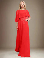 A-line Scoop Floor-Length Chiffon Lace Mother of the Bride Dress With Sequins Beading